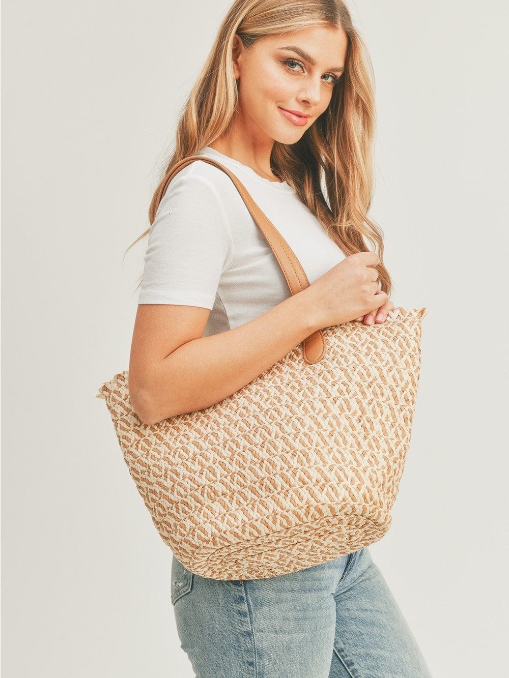 Woven Straw Tote Bag with Tan Handles